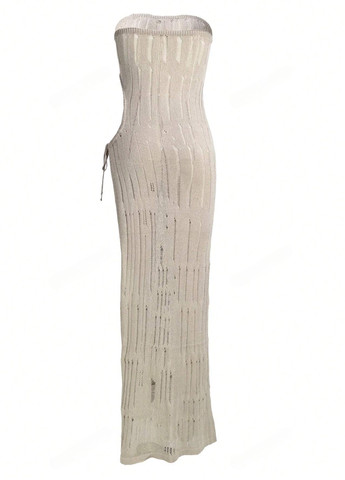 Серо-бежевое кэжуал платье с открытыми плечами SHEIN однотонное