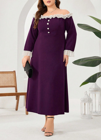 Темно-Фиолетовое деловое платье в стиле ампир, с открытыми плечами SHEIN однотонное