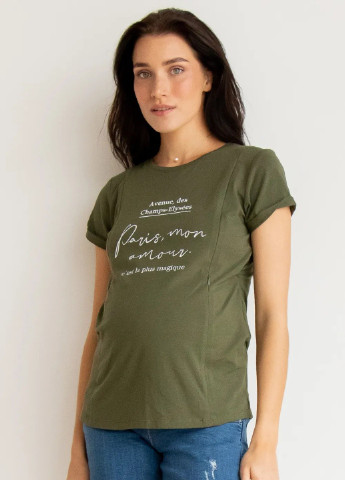 Хакі (оливкова) футболка з принтом для вагітних та годуючих мам трикотажна з секретом для годування хакі To Be