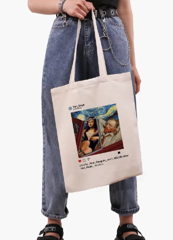 Эко сумка шоппер белая Инстаграм Ван Гог и Джоконда (van Gogh and La Gioconda) (9227-2952-WT-1) 41*35 см MobiPrint (228156140)