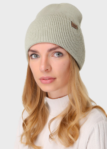 Теплая зимняя женская кашемировая шапка с отворотом без подкладки 500029 DeMari бини однотонная оливковая кэжуал кашемир