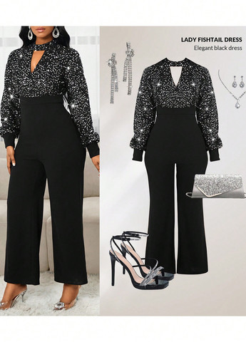 Комбінезон SHEIN комбінезон-брюки однотонний чорний вечірній поліестер