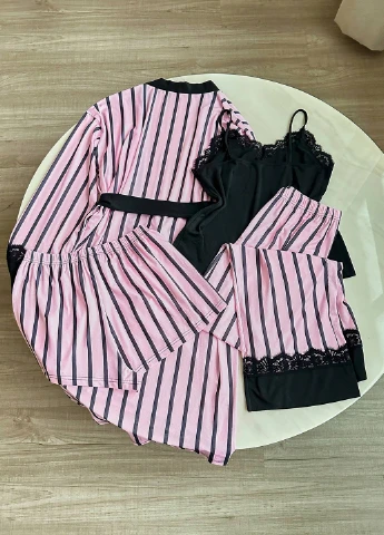 Розовый демисезонный комплект (халат, майка, шорты, брюки) SHEIN