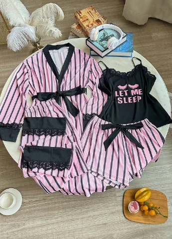 Розовый демисезонный комплект (халат, майка, шорты, брюки) SHEIN