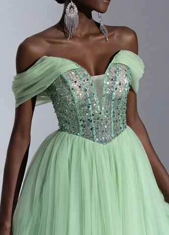 М'ятна вечірня сукня з спідницею-сонце, з корсетом, з відкритими плечима, з відкритою спиною SHEIN однотонна