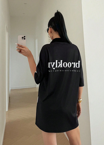 Черно-белое спортивное, кэжуал платье платье-футболка, оверсайз SHEIN с надписью
