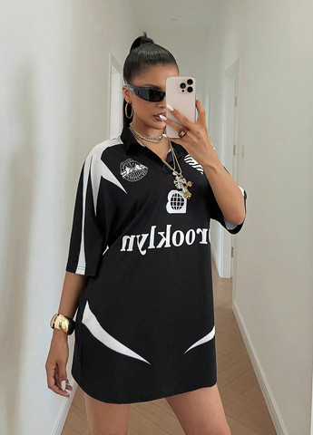 Черно-белое спортивное, кэжуал платье платье-футболка, оверсайз SHEIN с надписью