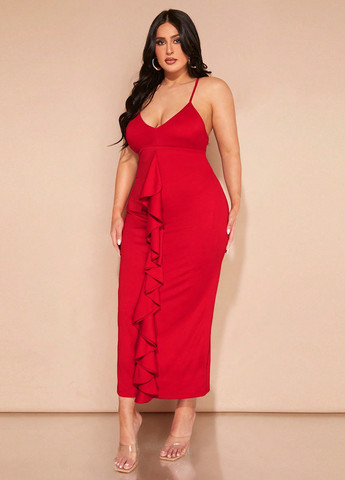 Червона вечірня, коктейльна сукня з відкритою спиною, силуетна SHEIN однотонна