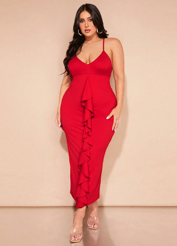 Червона вечірня, коктейльна сукня з відкритою спиною, силуетна SHEIN однотонна