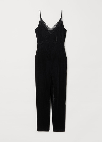 Комбинезон H&M комбинезон-брюки однотонный чёрный кэжуал полиэстер, велюр