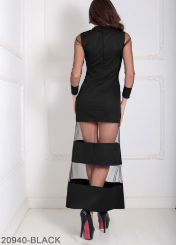 Черное кэжуал оригинальное вечернее платье с рукавами и вставками из евро сетки eleona Podium однотонное