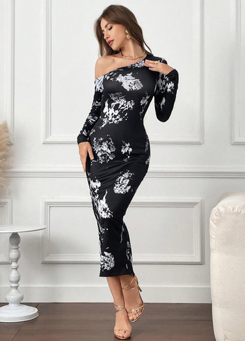 Черное кэжуал платье футляр SHEIN с цветочным принтом