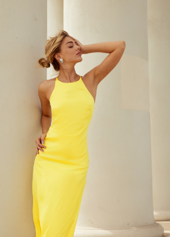 Желтое кэжуал желтое шелковое платье-миди Gepur однотонное