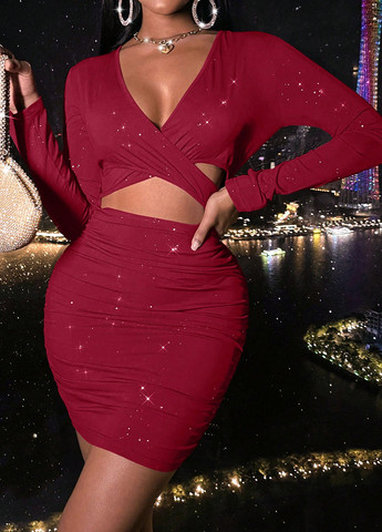 Бордовое коктейльное платье SHEIN однотонное