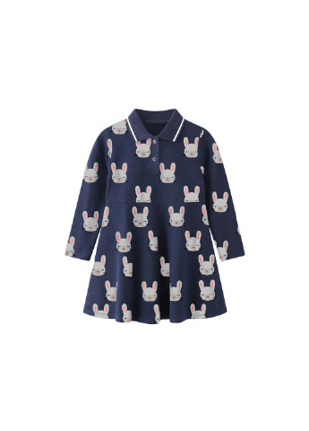 Синее платье для девочки с длинным рукавом, воротником поло и изображением зайцев синее hares Berni kids (251086596)