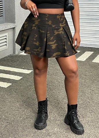 Оливковая (хаки) кэжуал камуфляжная юбка SHEIN плиссе