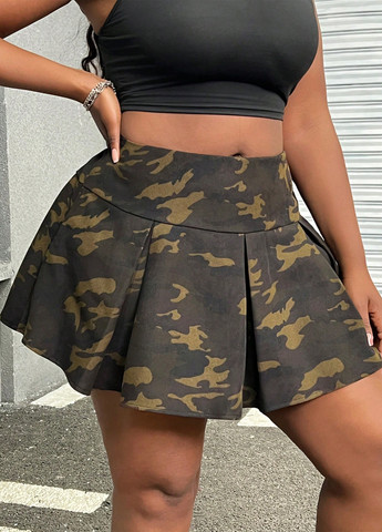 Оливковая (хаки) кэжуал камуфляжная юбка SHEIN плиссе