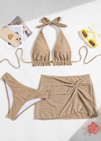 Кофейный летний комплект (лиф, трусики, юбка) бикини SHEIN