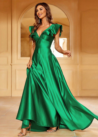 Зеленое праздничный, вечернее платье клеш, с открытой спиной SHEIN однотонное