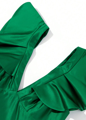 Зеленое праздничный, вечернее платье клеш, с открытой спиной SHEIN однотонное