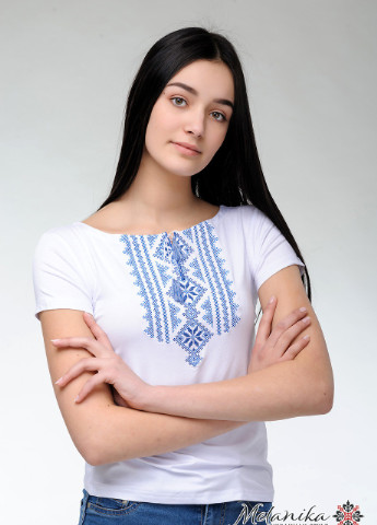 Жіноча вишита футболка Гуцулка біла з блакитним Melanika (250206205)