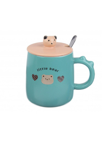 Керамическая чашка "Cute Bear" с крышкой и ложкой 380 мл, голубой (66-7944) No Brand тёмно-голубая