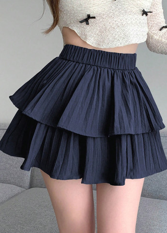 Темно-синяя кэжуал однотонная юбка SHEIN плиссе, клешированная-солнце