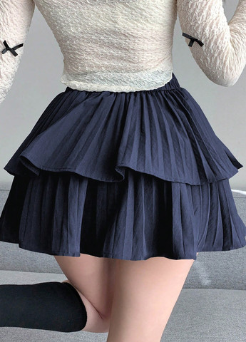 Темно-синяя кэжуал однотонная юбка SHEIN плиссе, клешированная-солнце