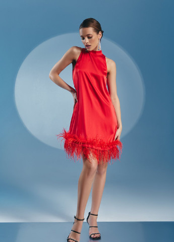 Красное коктейльное красное шелковое платье с перьями Gepur однотонное