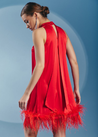 Червона коктейльна червоне шовкове плаття з пір'ям Gepur однотонна