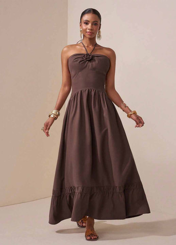 Коричневое кэжуал платье с открытыми плечами SHEIN однотонное