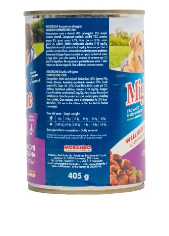 М'ясні консерви зі шматочками дичини, 405 г Migliorcane (253785214)