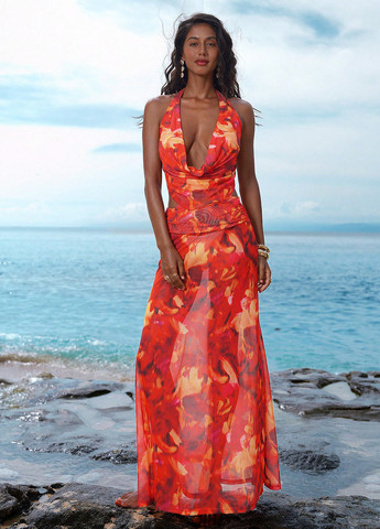 Червона пляжна, кежуал сукня з відкритими плечима, з відкритою спиною, силуетна SHEIN з абстрактним візерунком