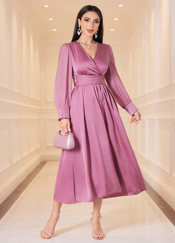 Розовое кэжуал платье на запах SHEIN однотонное