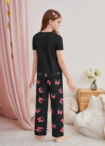 Чорна всесезон піжама (футболка, брюки) футболка + штани SHEIN