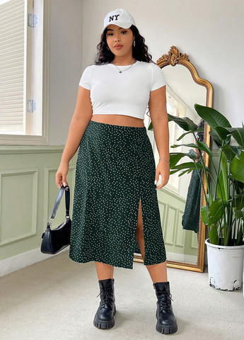 Зеленая кэжуал в горошек юбка SHEIN а-силуэта (трапеция)