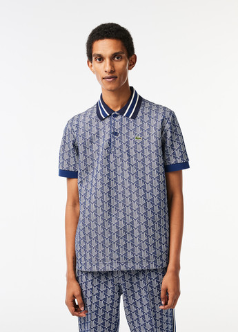 Серо-синяя футболка-поло для мужчин Lacoste с геометрическим узором