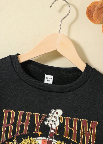 SHEIN світшот малюнок чорний кежуал, спортивний поліестер, трикотаж