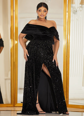 Чорна вечірня сукня з відкритими плечима SHEIN однотонна