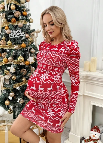 Червона кежуал сукня для вагітних SHEIN з новорічним принтом