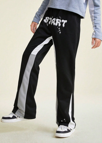 Черные спортивные, кэжуал демисезонные брюки прямые SHEIN