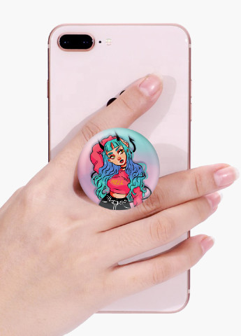 Попсокет (Popsockets) тримач для смартфону Дівчина демон (Cute Girl Illustration Art) (8754-2838) Чорний MobiPrint (221548598)