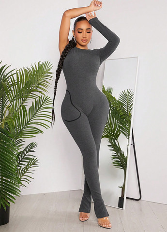 Комбінезон SHEIN комбінезон-брюки меланж сірий кежуал поліестер, трикотаж