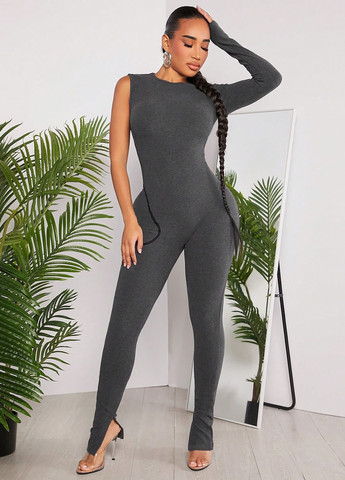 Комбінезон SHEIN комбінезон-брюки меланж сірий кежуал поліестер, трикотаж