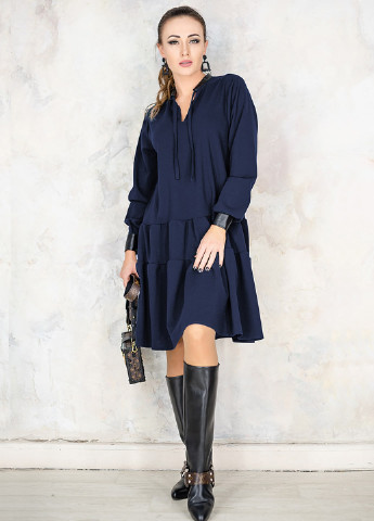 Темно-синее кэжуал молодежное платье с декором из экокожи палома а-силуэт Look & Buy