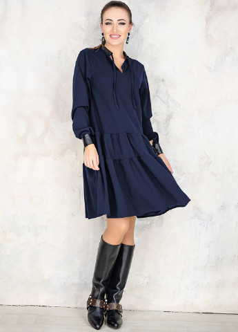 Темно-синее кэжуал молодежное платье с декором из экокожи палома а-силуэт Look & Buy
