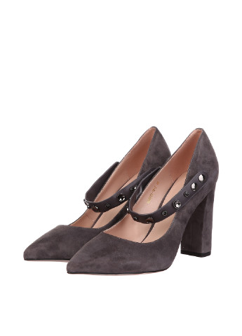 Темно-серые женские кэжуал туфли с камнями на высоком каблуке - фото
