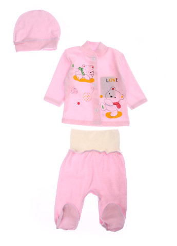 Рожевий демісезонний комплект (кофта, повзунки, шапка) Baby Art