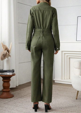 Комбинезон SHEIN комбинезон-брюки однотонный зелёный денил, кэжуал хлопок, джинс