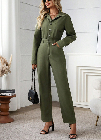Комбинезон SHEIN комбинезон-брюки однотонный зелёный денил, кэжуал хлопок, джинс